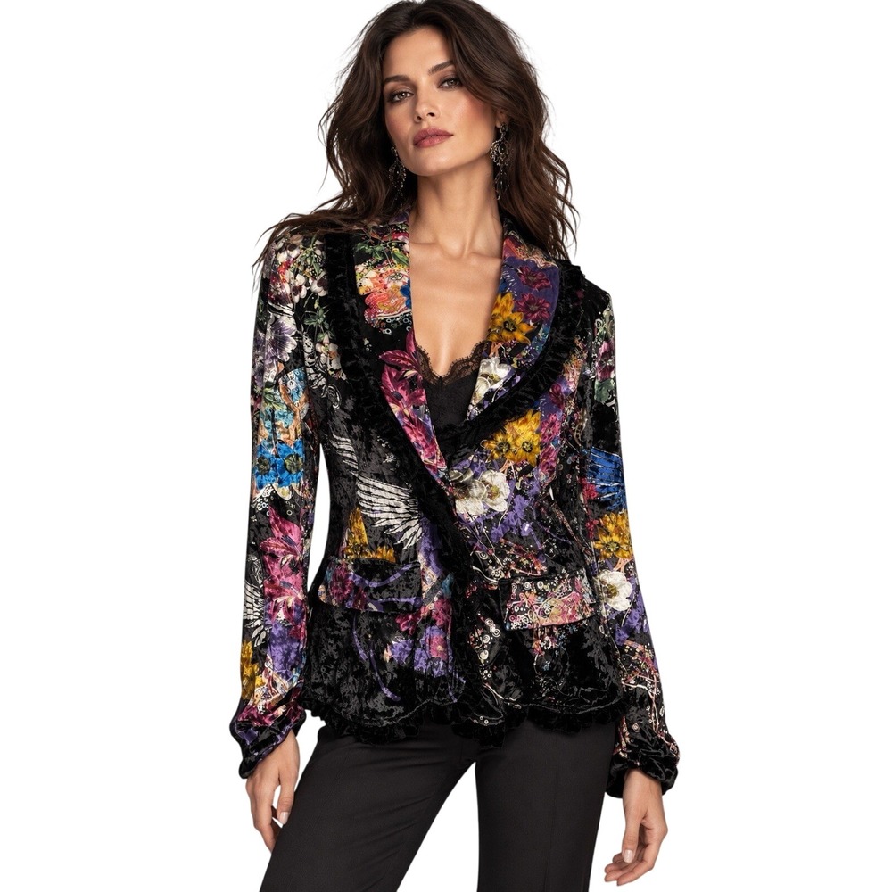 Alberto Makali Crushed Velvet Blazer Jacket Floral Gothic Witchy Art To Wear XL
